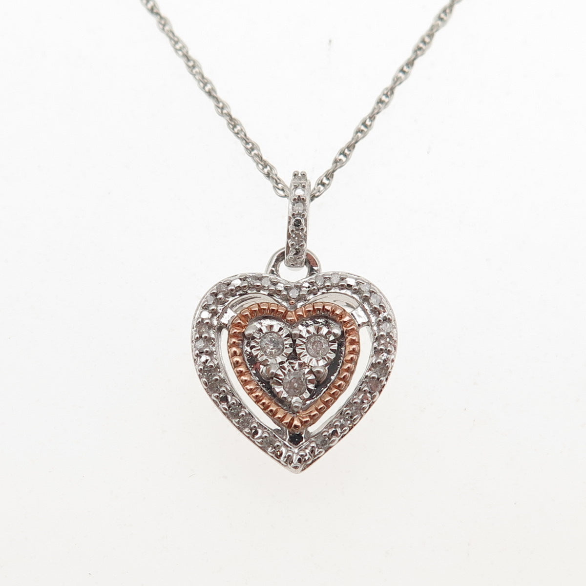 Jane Seymour 925 Sterling Silver 2-Tone Real Diamond Heart Chain Necklace 18"
