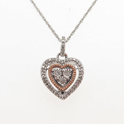 Jane Seymour 925 Sterling Silver 2-Tone Real Diamond Heart Chain Necklace 18"