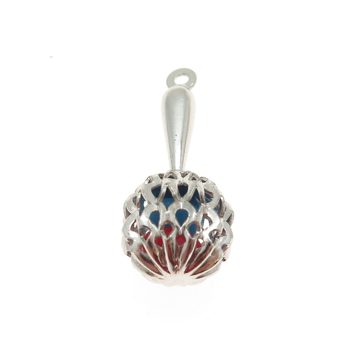 925 Sterling Silver Antique Art Deco Red & Blue Glass Baby Rattle Pendant