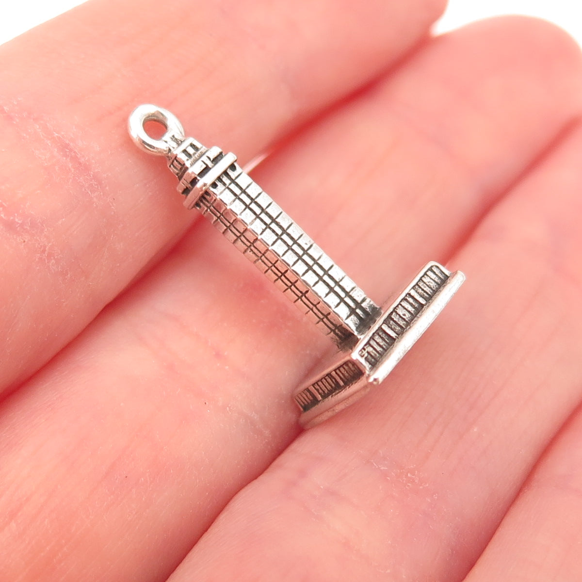 925 Sterling Silver Vintage Skyscraper Oxidized 3D Charm Pendant
