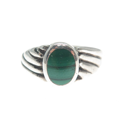 925 Sterling Silver Vintage Real Malachite Ribbed Oxidized Ring Size 7.25