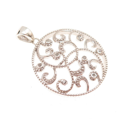 925 Sterling Silver Real Round-Cut Diamond Floral Scroll Charm Pendant