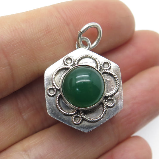 800 Silver Antique Art Deco Real Green Onyx & Lapis Filigree Dual Sided Pendant