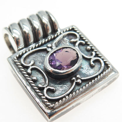 925 Sterling Silver Vintage Real Amethyst Gemstone Ornate Slide Pendant