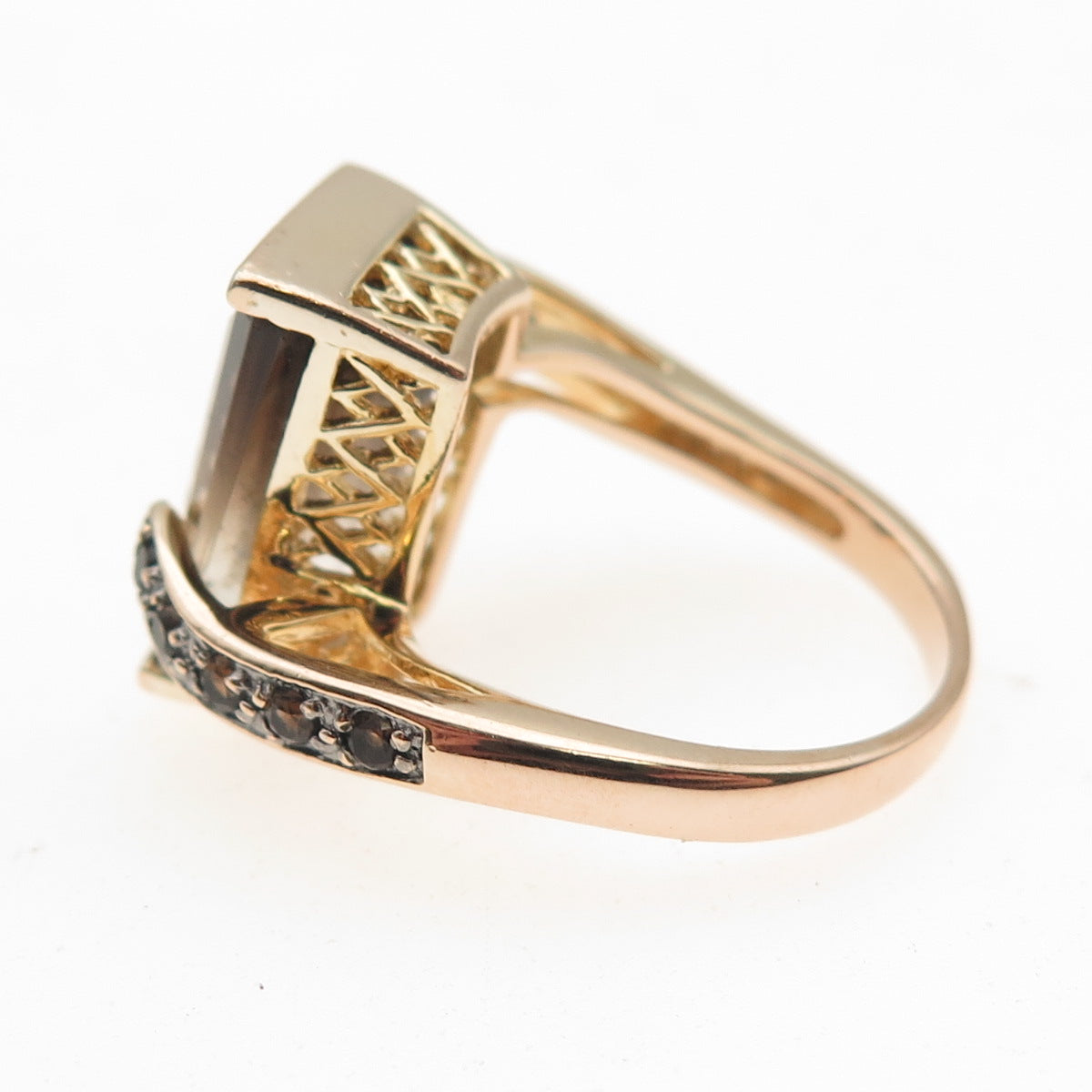 925 Sterling Silver Gold Plated Real Smoky Quartz Bypass Ring Size 6.25