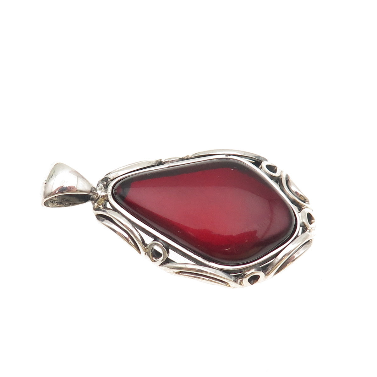 925 Sterling Silver Vintage Real Cherry Amber Modernist Floral Oxidized Pendant