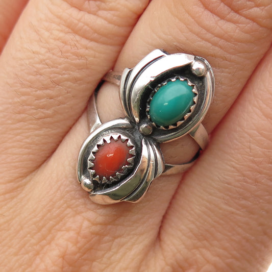 P. Haley Old Pawn 925 Sterling Silver Vintage Turquoise & Coral Ring Size 6.5