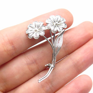 800 Silver Vintage Floral Leaf Filigree Pin Brooch