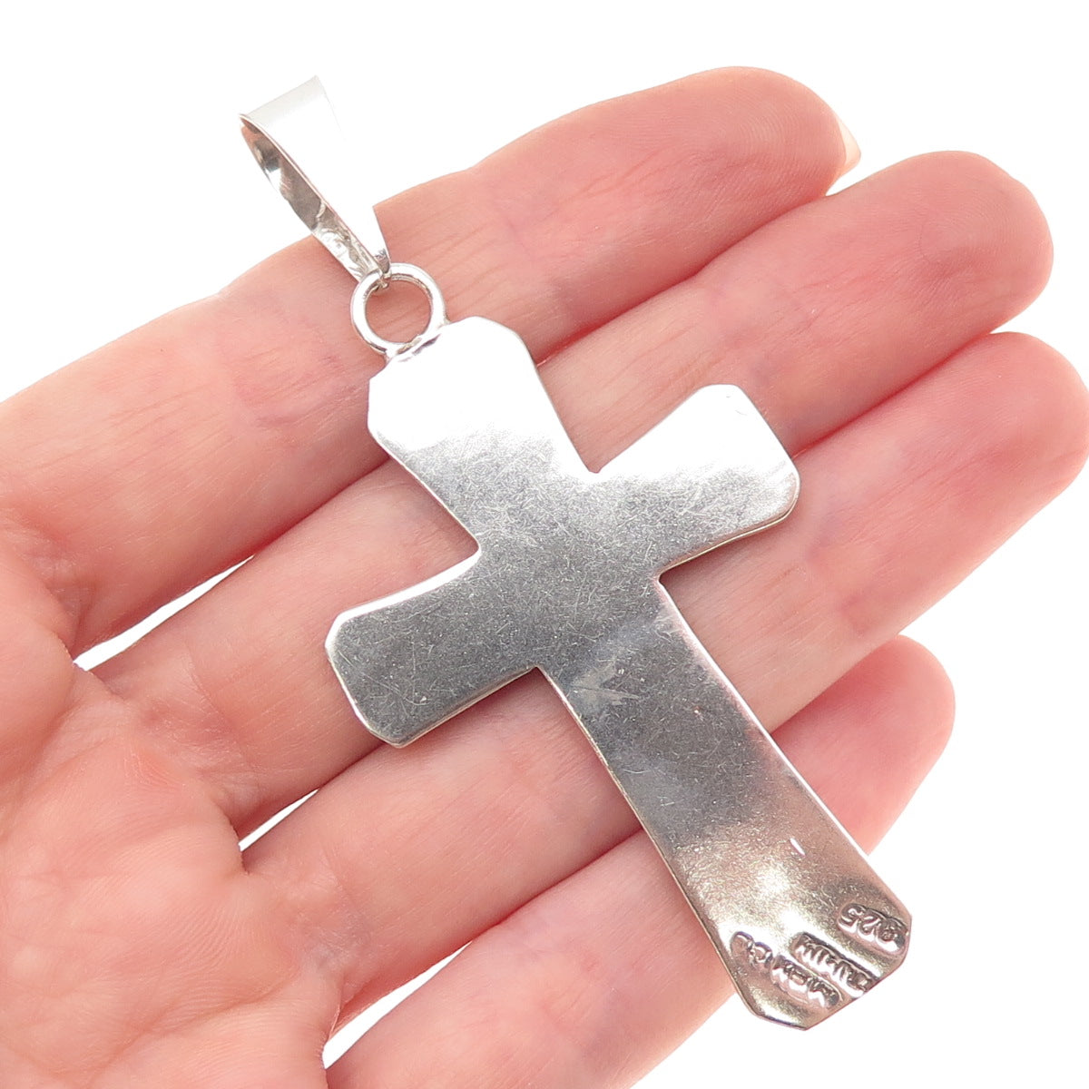 925 Sterling Silver Vintage Mexico Real Turquoise Inlay Crucifix Cross Pendant