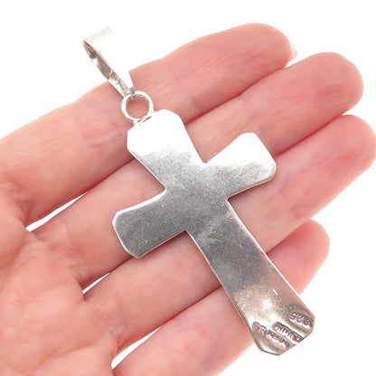 925 Sterling Silver Vintage Mexico Real Turquoise Inlay Crucifix Cross Pendant