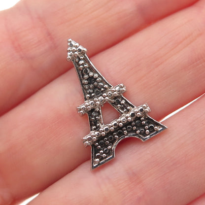 925 Sterling Silver Real Black Diamond Eiffel Tower Slide Charm Pendant