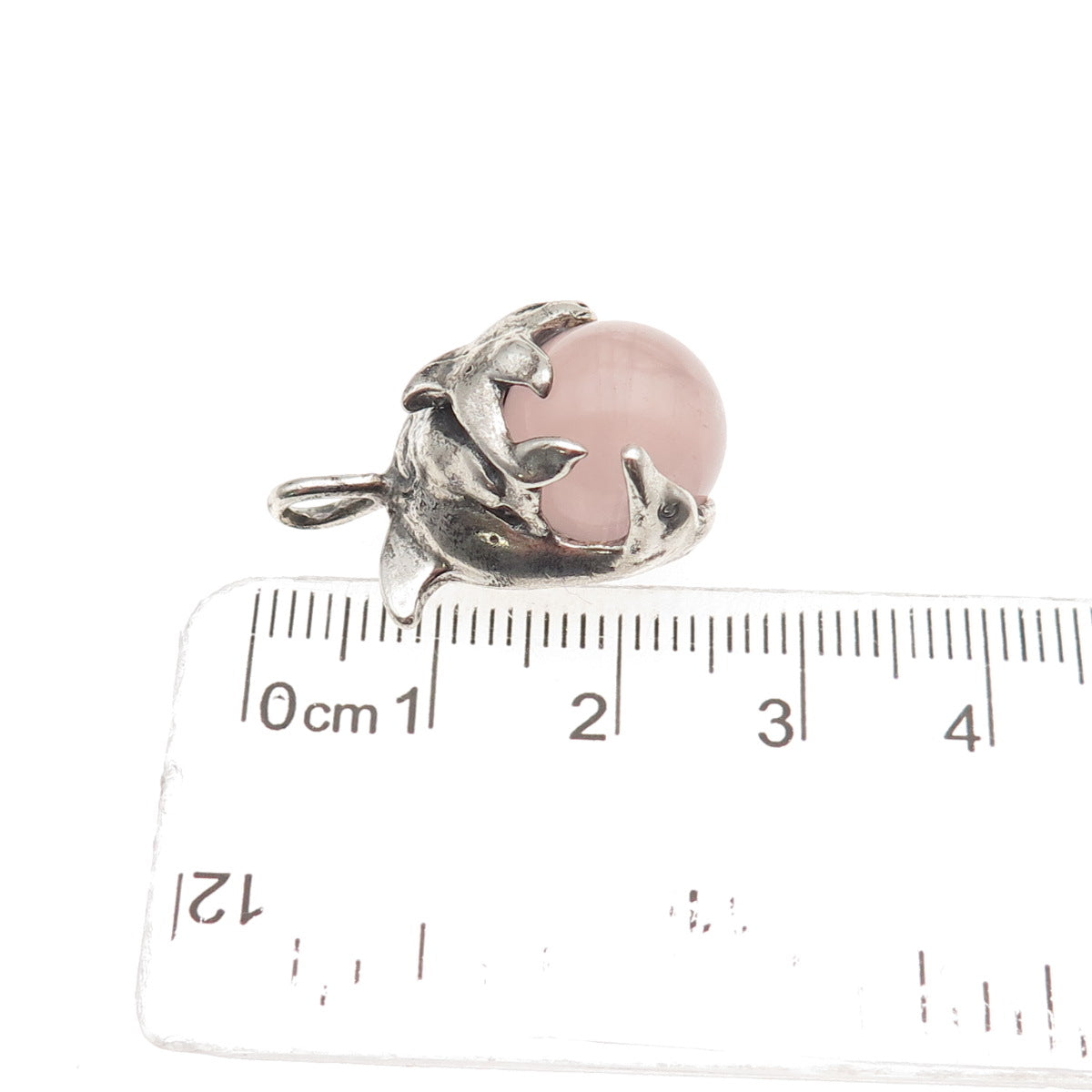 925 Sterling Silver Vintage Real Rose Quartz Dolphin Oxidized Charm Pendant
