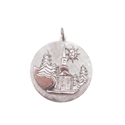 Crown 925 Sterling Silver Vintage Real White Topaz Winter Scene Charm Pendant
