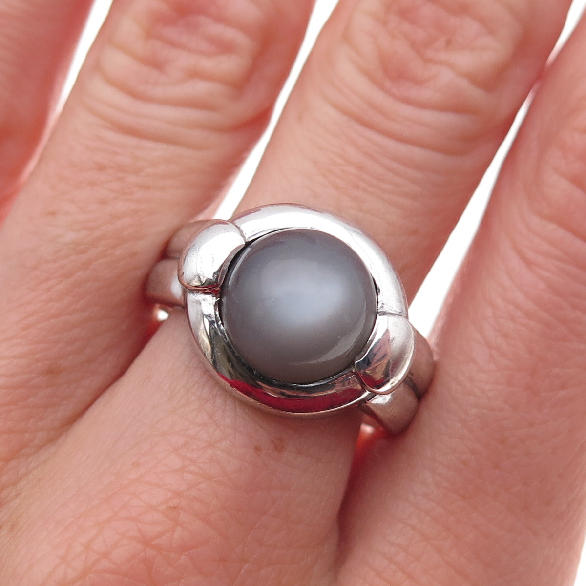 925 Sterling Silver Real Cat's Eye Modernist Oxidized Ring Size 10