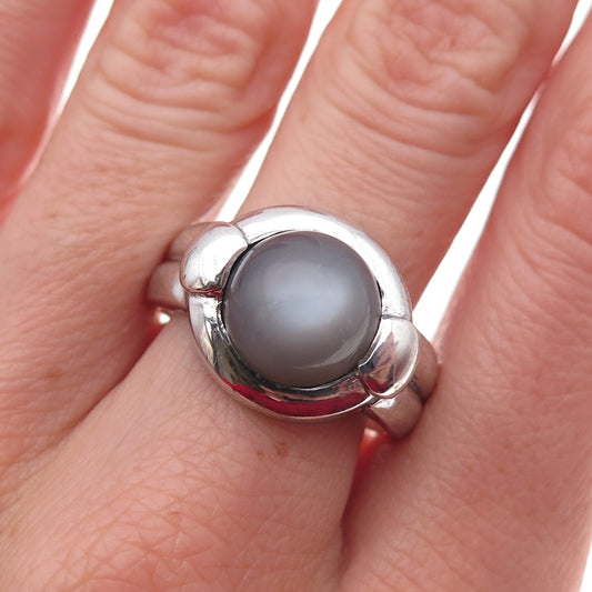925 Sterling Silver Real Cat's Eye Modernist Oxidized Ring Size 10