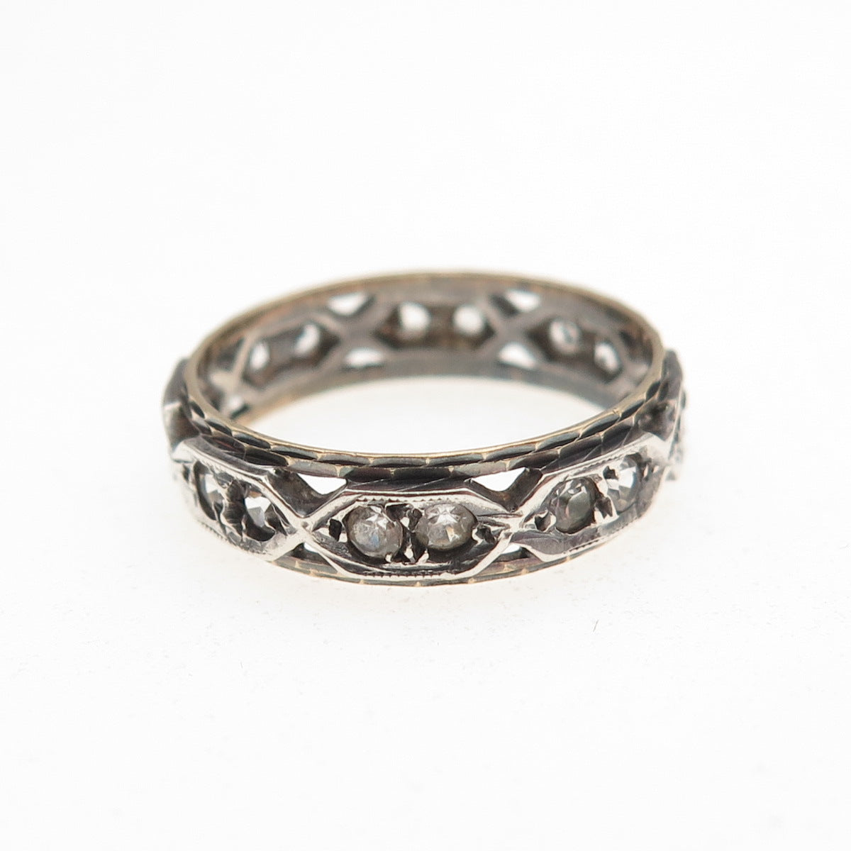 925 Sterling Silver 9K Gold Vintage SGW Rhinestone Oxidized Band Ring Size 6.5