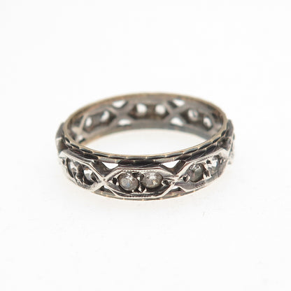 925 Sterling Silver 9K Gold Vintage SGW Rhinestone Oxidized Band Ring Size 6.5