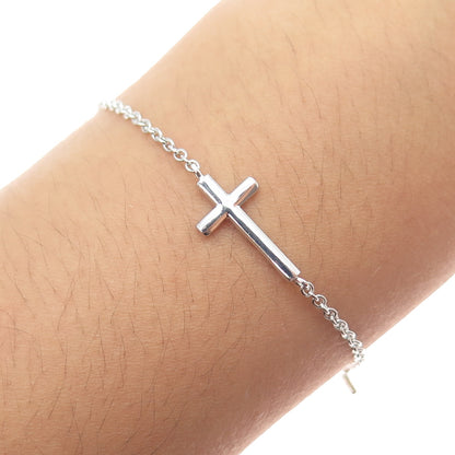 925 Sterling Silver Cross Station Cable Link Bracelet 7.25-8.25"