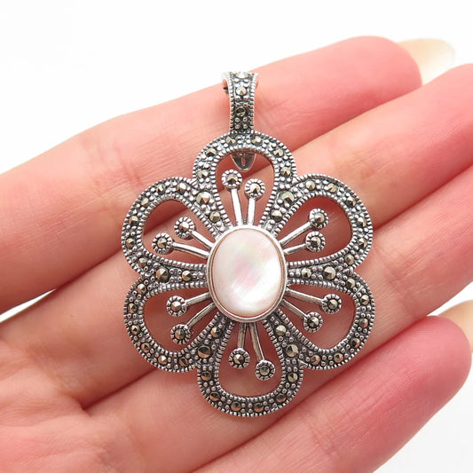 925 Sterling Silver Vintage Real Mother-of-Pearl & Marcasite Gem Floral Pendant