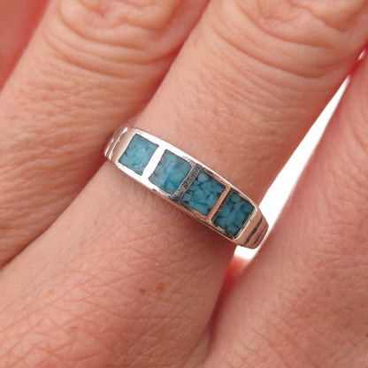 Old Pawn 925 Sterling Silver Vintage Southwestern Turquoise Inlay Ring Size 7