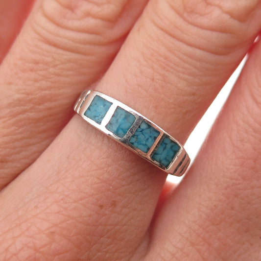 Old Pawn 925 Sterling Silver Vintage Southwestern Turquoise Inlay Ring Size 7