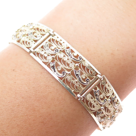 800 Silver Gold Plated Antique Art Deco Real Marcasite Filigree Bracelet 7.25"