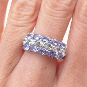 925 Sterling Silver Real Oval-Cut Tanzanite & Aquamarine Cluster Ring Size 8