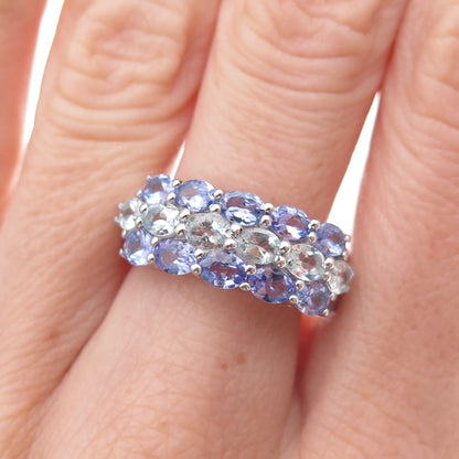 925 Sterling Silver Real Oval-Cut Tanzanite & Aquamarine Cluster Ring Size 8