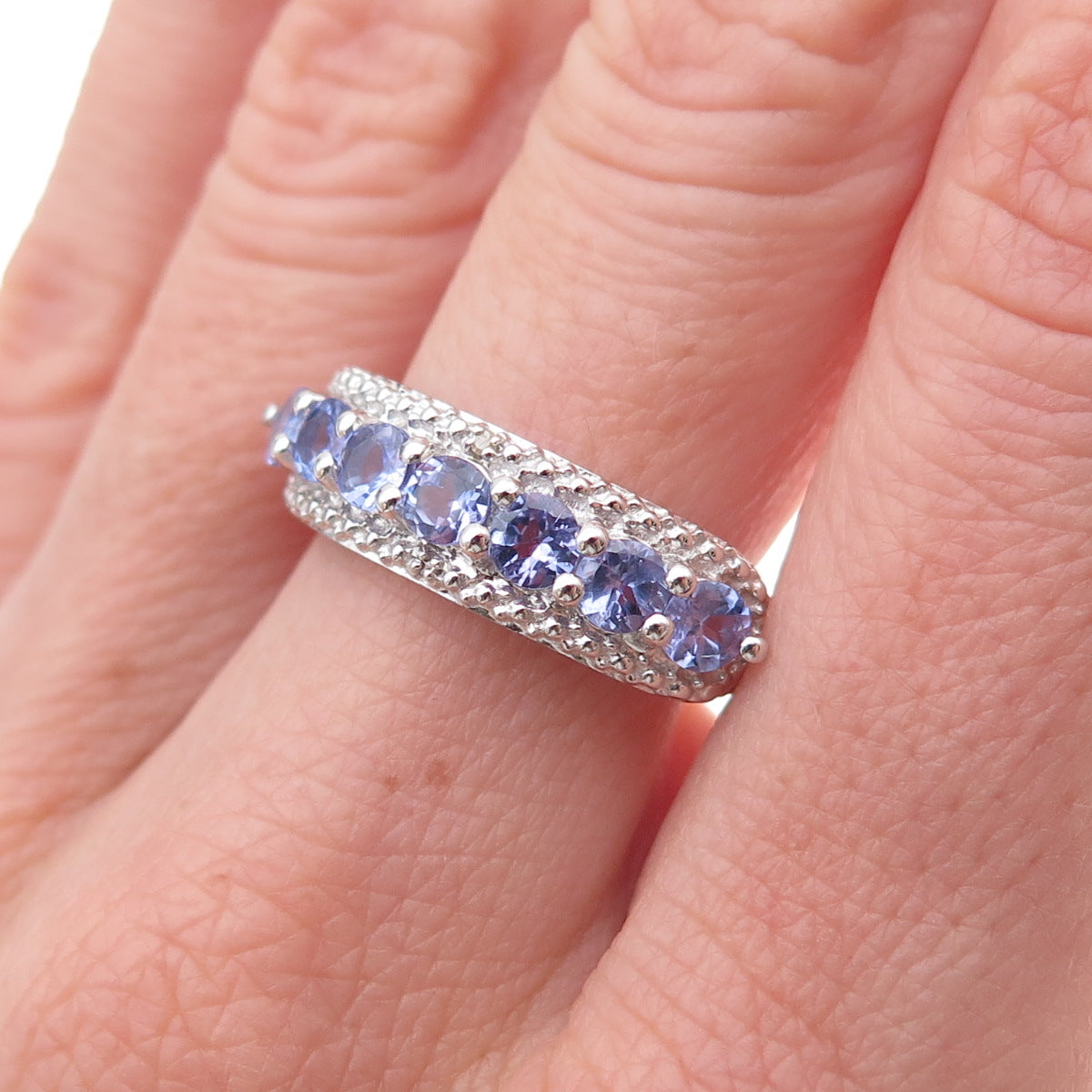 925 Sterling Silver Real Round-Cut Diamond & Tanzanite Ring Size 8