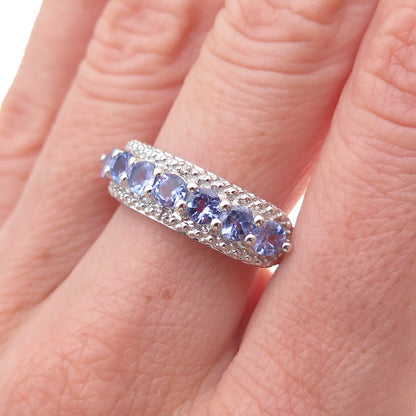 925 Sterling Silver Real Round-Cut Diamond & Tanzanite Ring Size 8