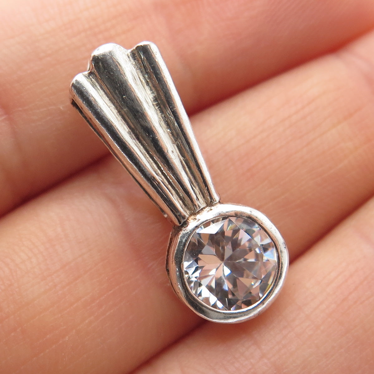 925 Sterling Silver Vintage Round-Cut C Z Modernist Slide Pendant
