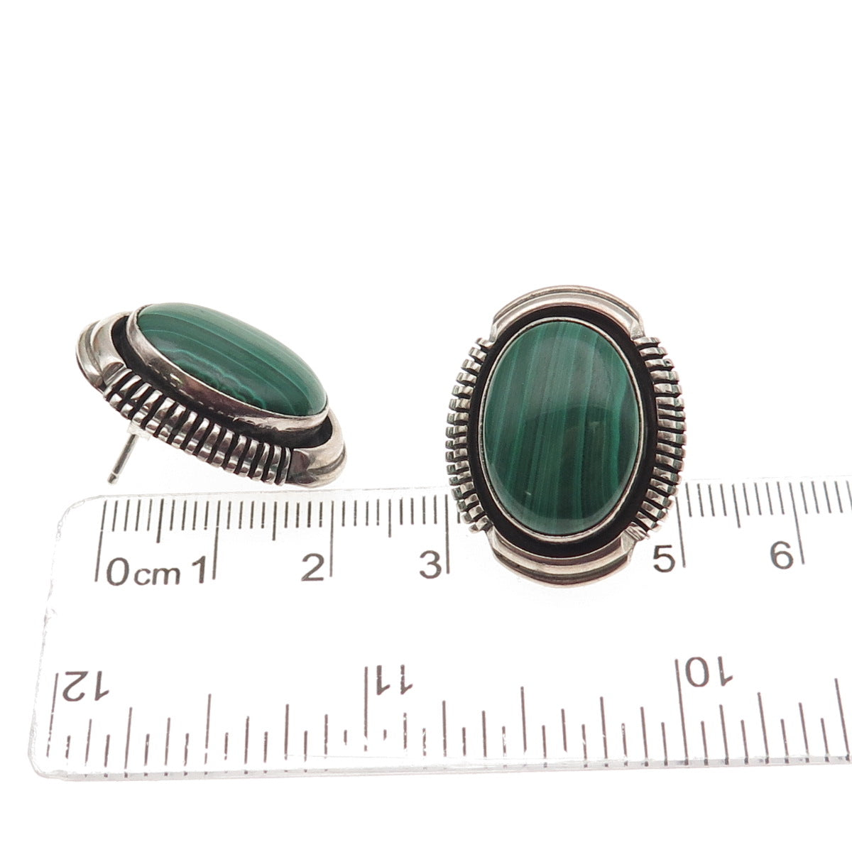 Leslie Yazzie Navajo Old Pawn 925 Sterling Silver Vintage Malachite Earrings