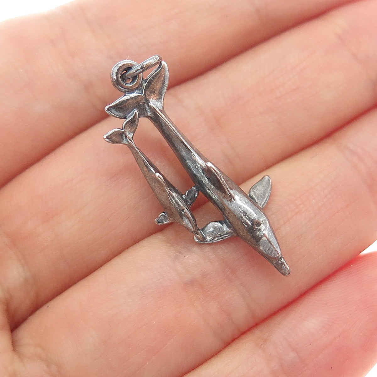 SUNWEST 925 Sterling Silver Vintage Dolphin Mom & Child Oxidized Charm Pendant