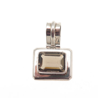 925 Sterling Silver Vintage Real Emerald-Cut Smoky Quartz Charm Pendant
