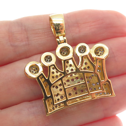 925 Sterling Silver Gold Plated Round-Cut Shaped C Z Crown Sparkle Pendant
