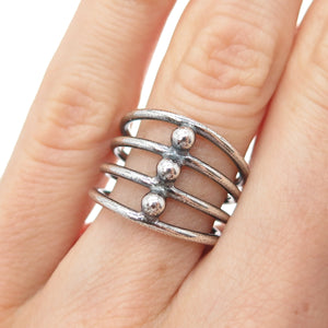 925 Sterling Silver Vintage Beaded Multi-Row Oxidized Adjustable Ring Size 6