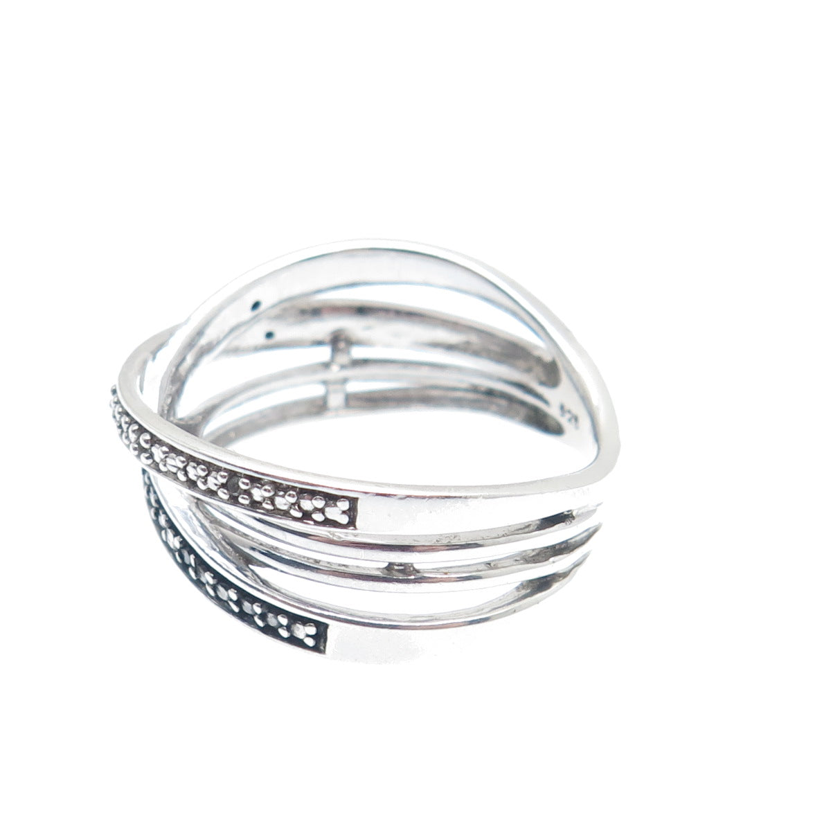 925 Sterling Silver Real Round-Cut Black & White Diamond Crisscross Ring Size 7
