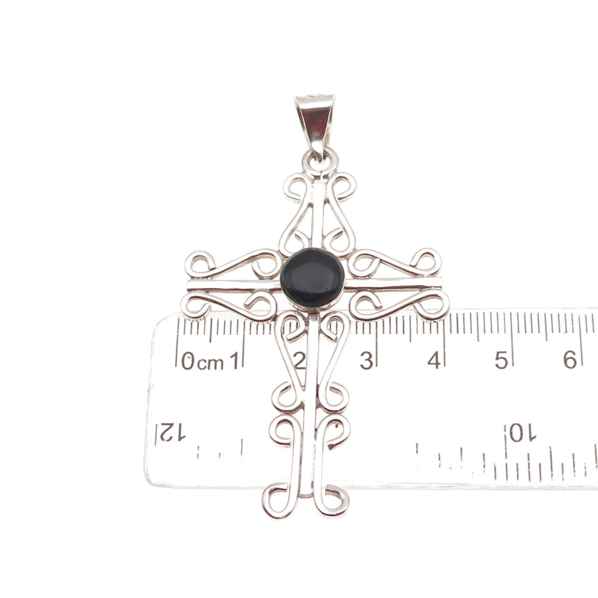 925 Sterling Silver Vintage Mexico Real Black Onyx Ornate Cross Pendant