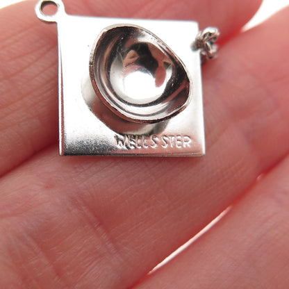 Wells 925 Sterling Silver Vintage Faux Pearl Graduation Hat 3D Mini Pendant