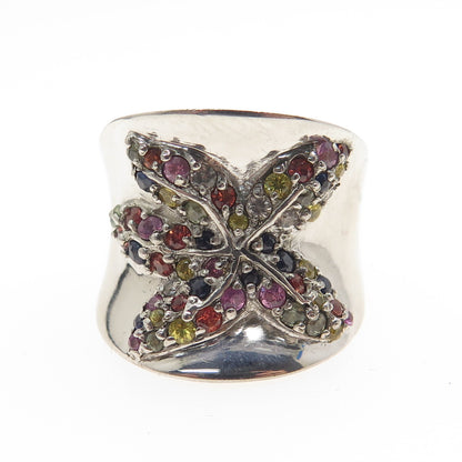 925 Sterling Silver Real Round-Cut Multi-Color Sapphire Flower Ring Size 7.75