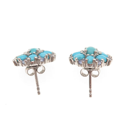 Chuck Clemency 925 Sterling Silver Real Turquoise & Tanzanite Floral Earrings