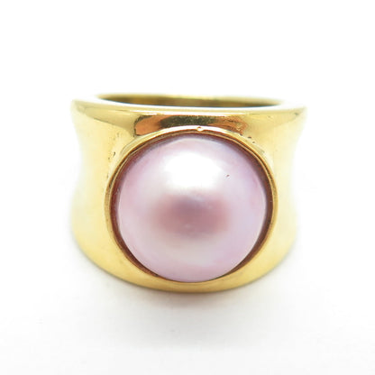 925 Sterling Silver Gold Plated Vintage Real Rose Pearl Ring Size 6