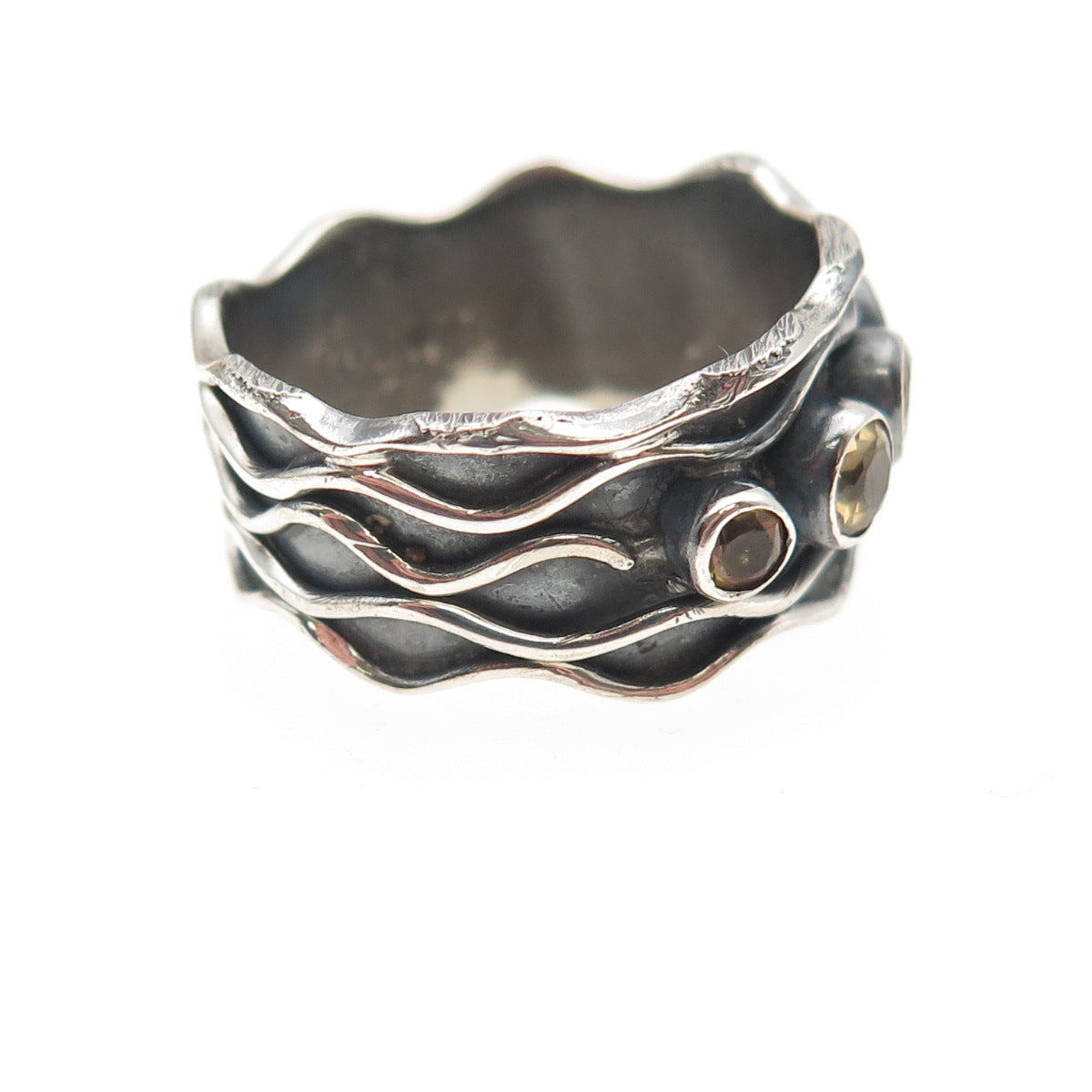 925 Sterling Silver Vintage Real Citrine Modernist Oxidized Ring Size 10