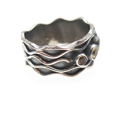 925 Sterling Silver Vintage Real Citrine Modernist Oxidized Ring Size 10