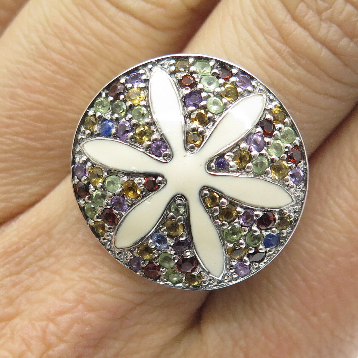 925 Sterling Silver Enamel Real Multi-Color Sapphire Flower Ring Size 7.25