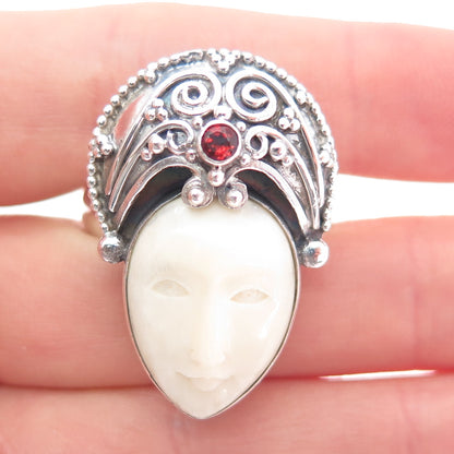 925 Sterling Silver Vintage Real MOP & Red Garnet Carved Goddess Ring Size 14