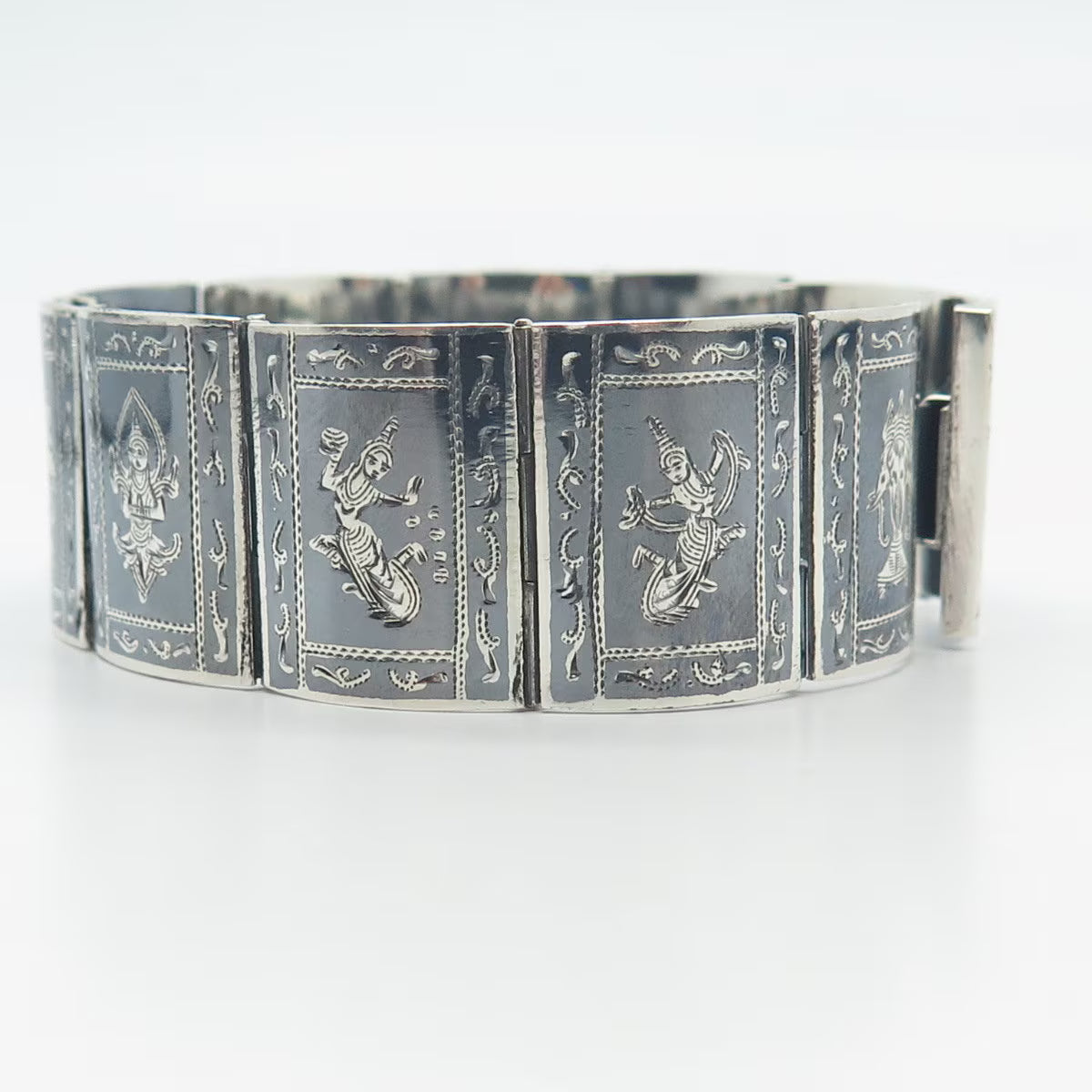 925 Sterling Silver Vintage Niello Hindu Goddess Panel Link Bracelet 6.5"