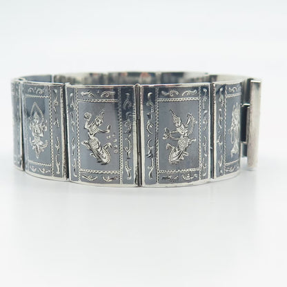 925 Sterling Silver Vintage Niello Hindu Goddess Panel Link Bracelet 6.5"