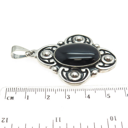 925 Sterling Silver Vintage Mexico Real Black Onyx Floral Cross Pendant