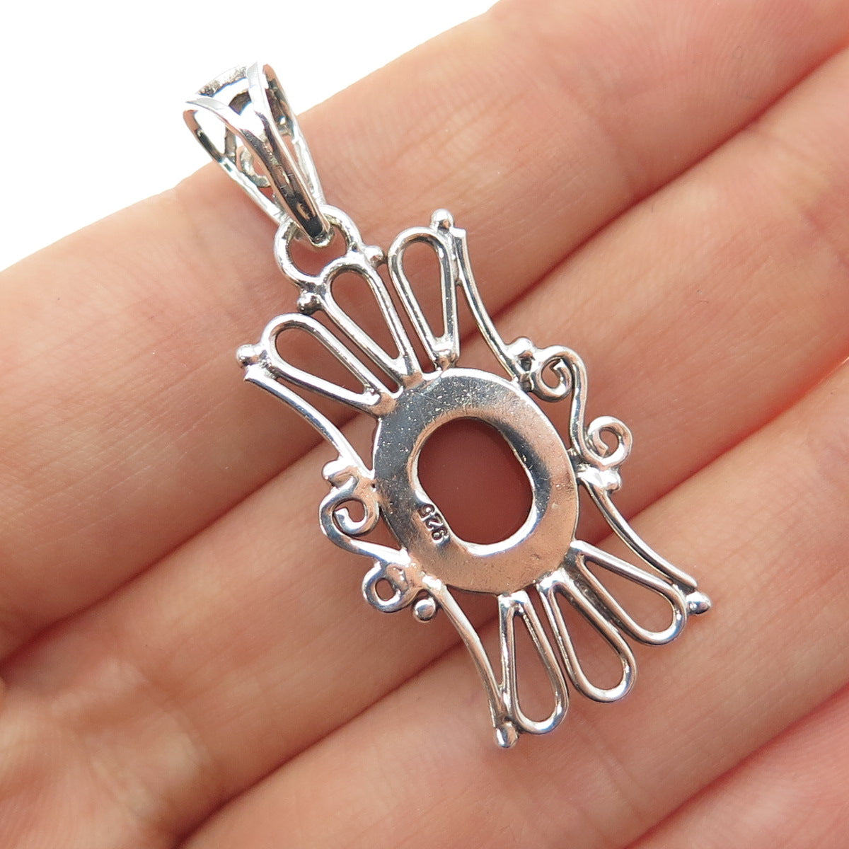 925 Sterling Silver Vintage Real Agate Ornate Oxidized Charm Pendant